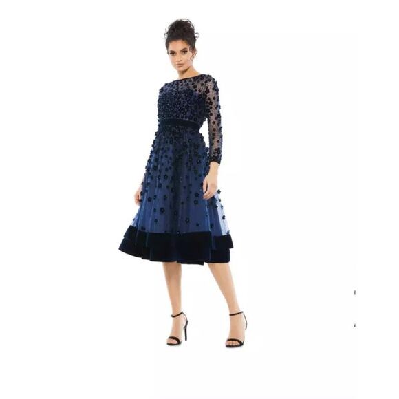 Mac Duggal Embellished Illusion High Neck Long Sleeve Fit & Flare Dress 12 NWT - Picture 1 of 13